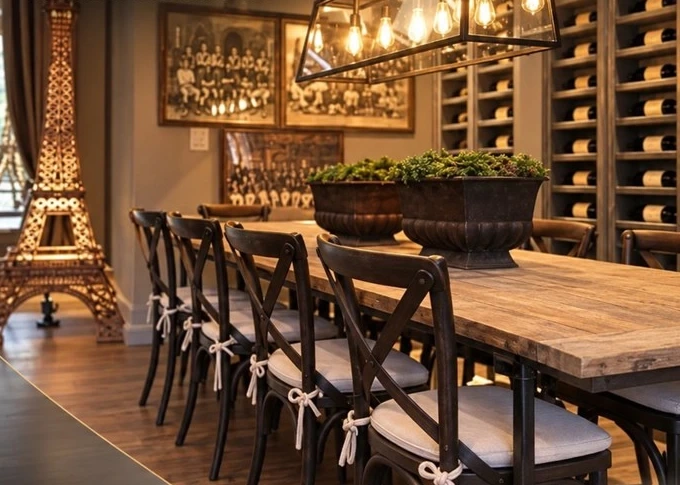 Mesa de madera y sillas Crossback en un ambiente de restaurante