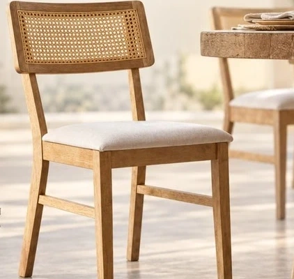 Silla con respaldo tejido y mesa de madera de la colección Rattan